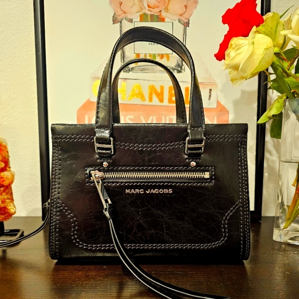 Marc Jacobs Black Leather Satchel with Silver Hardware
